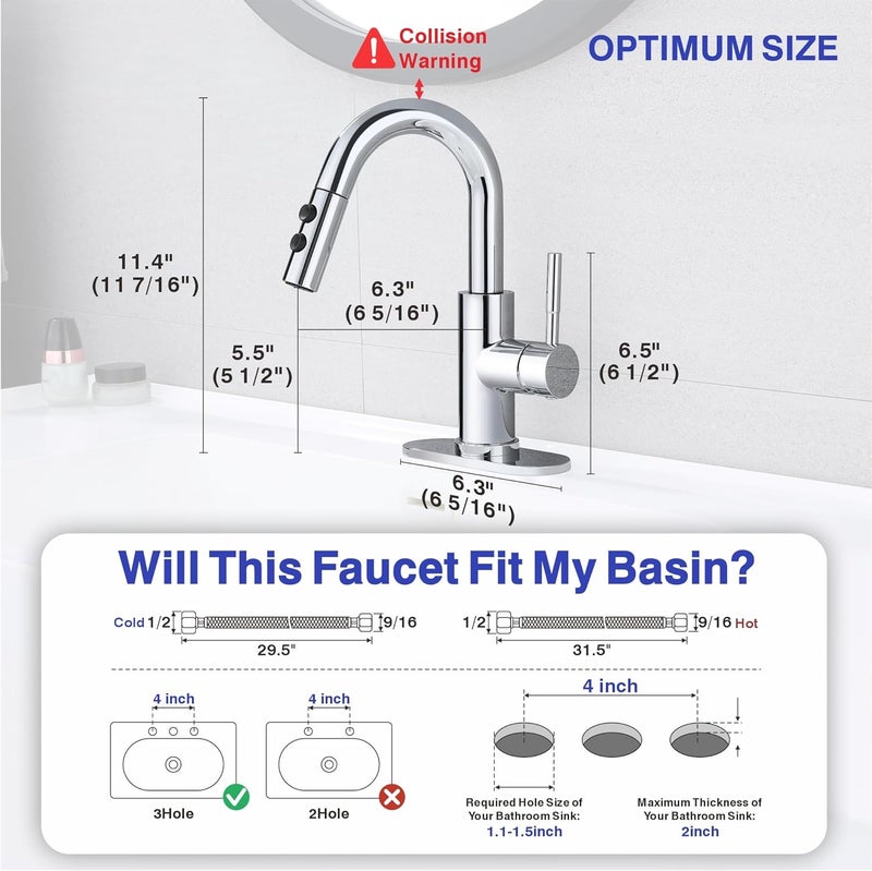 Kablle Bathroom Sink Faucet with Pull Down Sprayer, Chrome Single Handle Pull Out Faucet with Pop-Up Drain, 1 or 3 Hole Laundry Bar Basin Faucet with Deck Plate, KBL-7002C-CL - Image 2